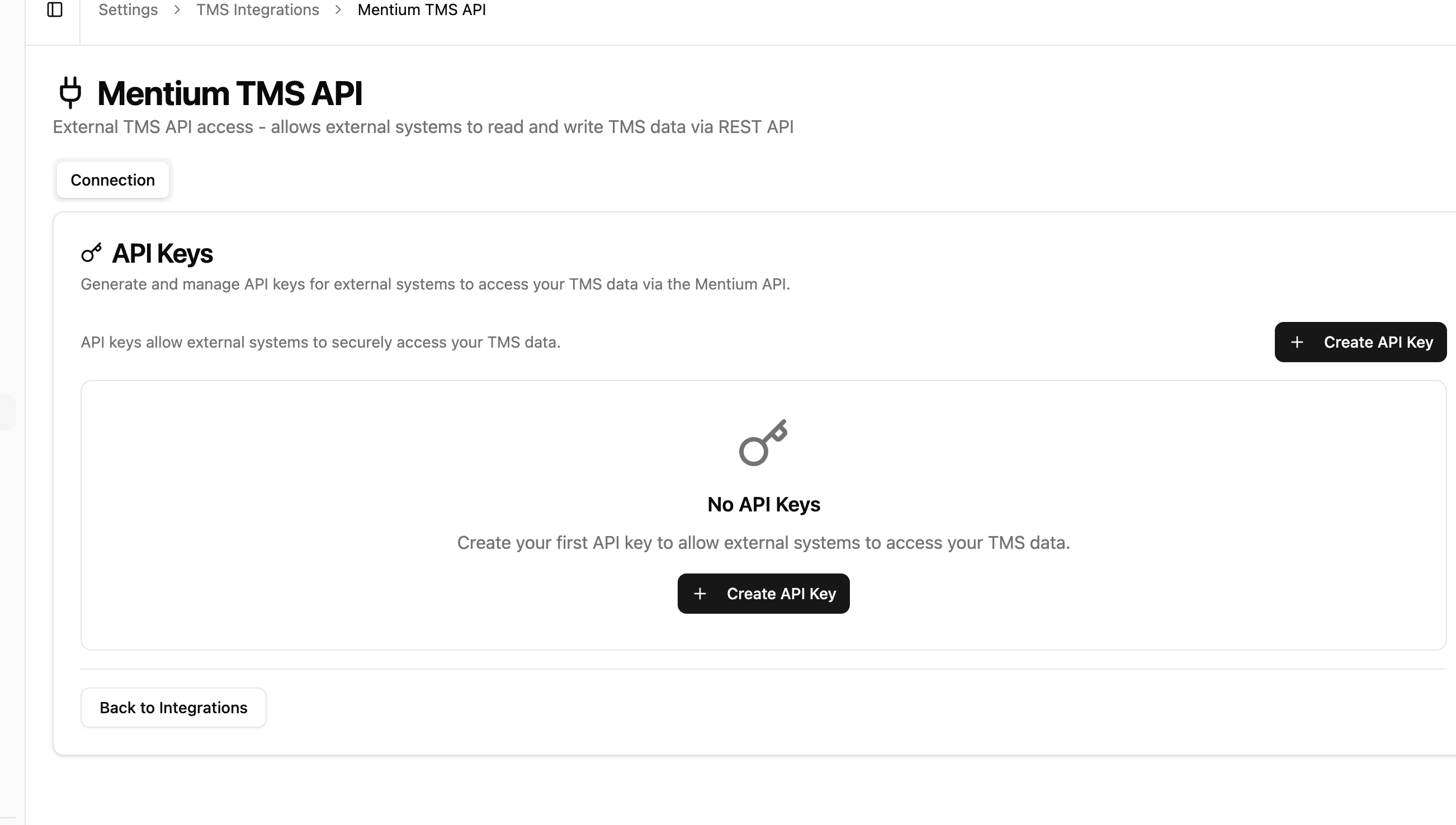 Mentium dashboard — create an API key